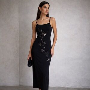 Vintage 90s Black Column Slip Dress Laser Cut Floral Maxi